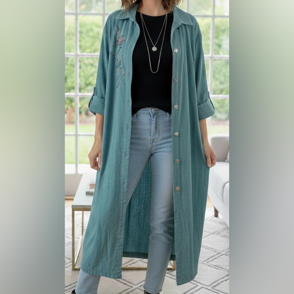 Long Teal Button-Front Robe Coat - Picture 9 of 9